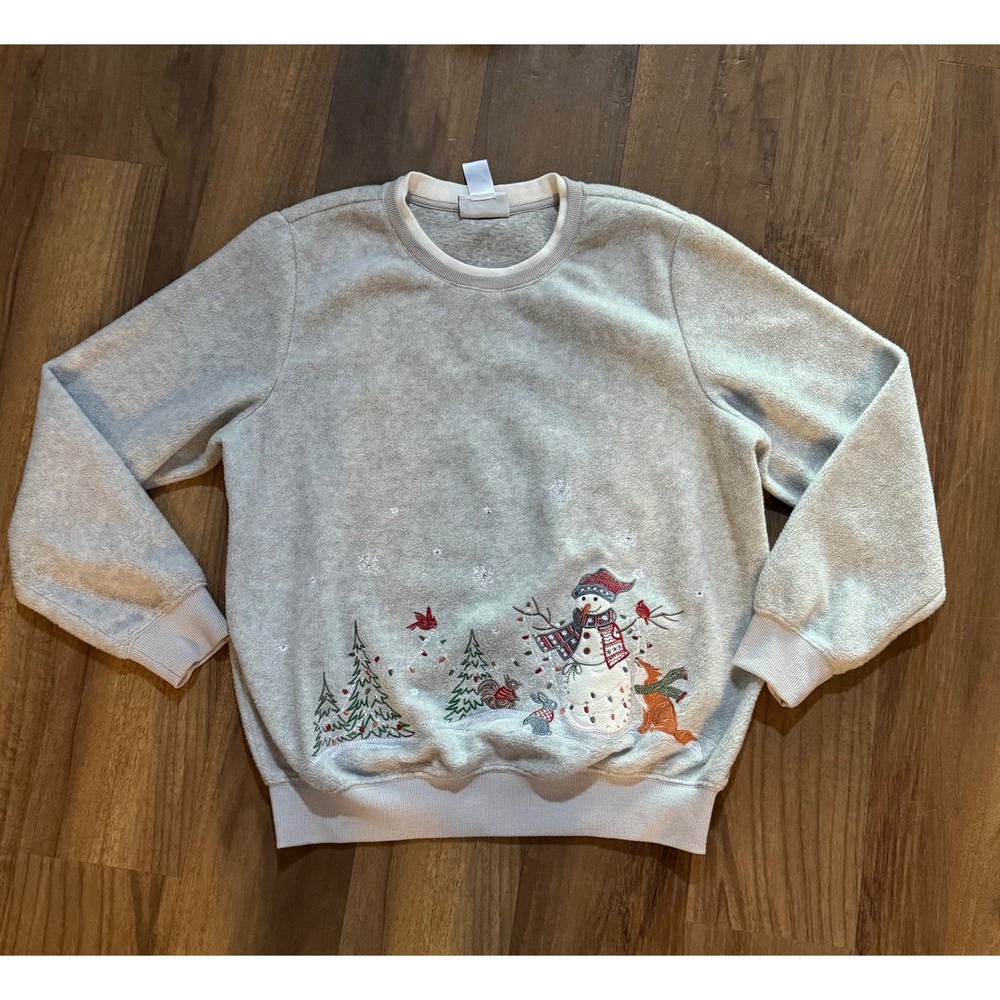 Alfred Dunner Womens Snowman Winter Scene Fleece Sweatshirt Gray Size M
